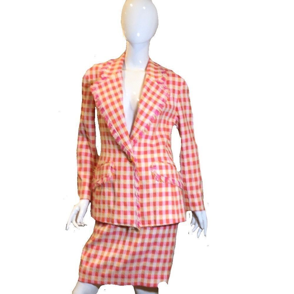 Emmanuel Ungaro Gingham Tweed Suit White Pink Orange Vintage